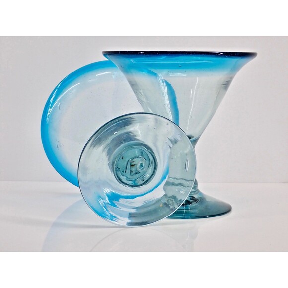 Aqua Rim Thick Hand Blown Margarita Martini Glasses Set of 2 Mint Condition 7" - Picture 2 of 8